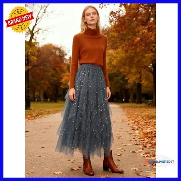 Tulle A-Line Midi Skirt High Elastic Waist Tiered Fairy Style - Picture 3 of 8